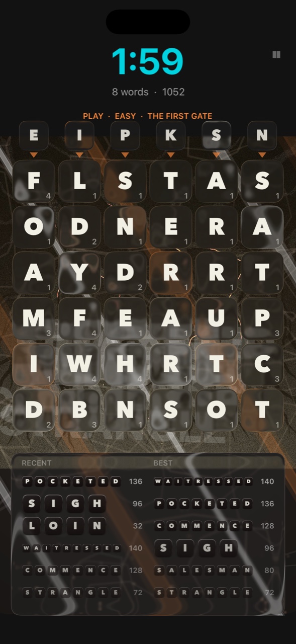 Eight words found, sinking through the first gate