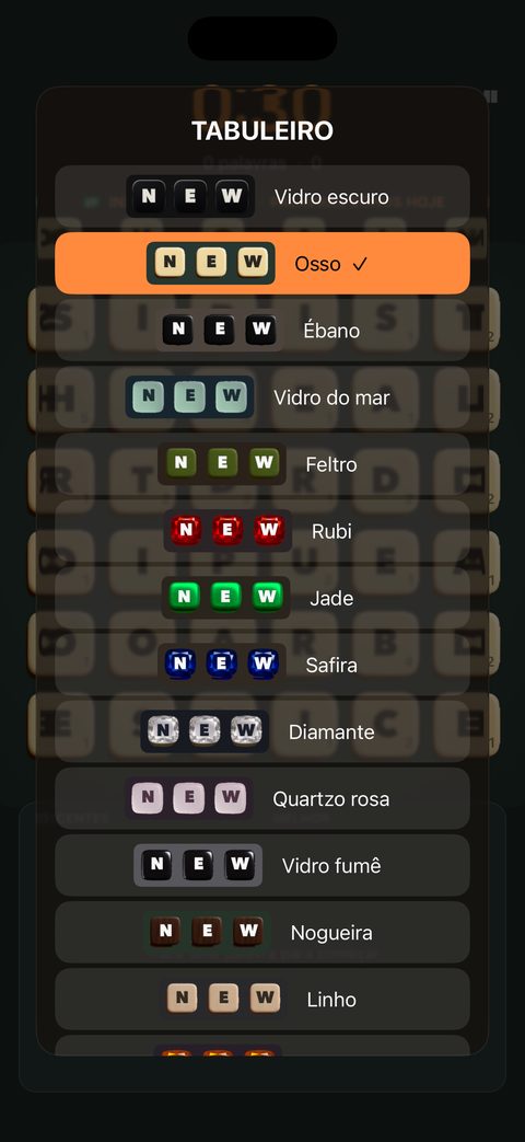 Escolhendo um tabuleiro: vidro escuro, osso, ébano, vidro do mar e outros